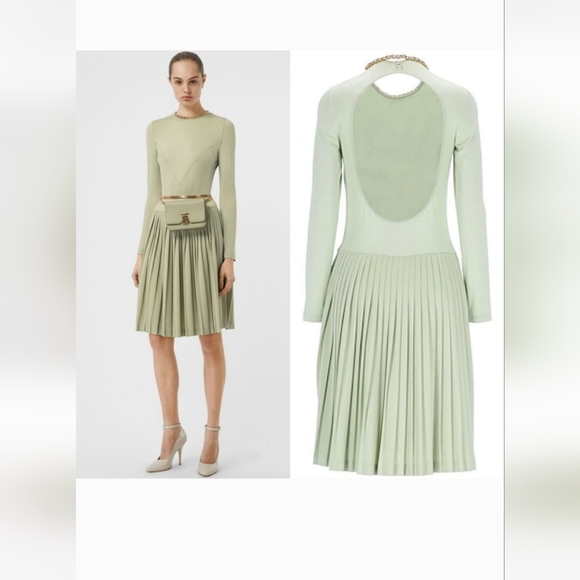 Burberry Open Back Chain Stretch Silk Pleated Dress - Picture 4 of 6